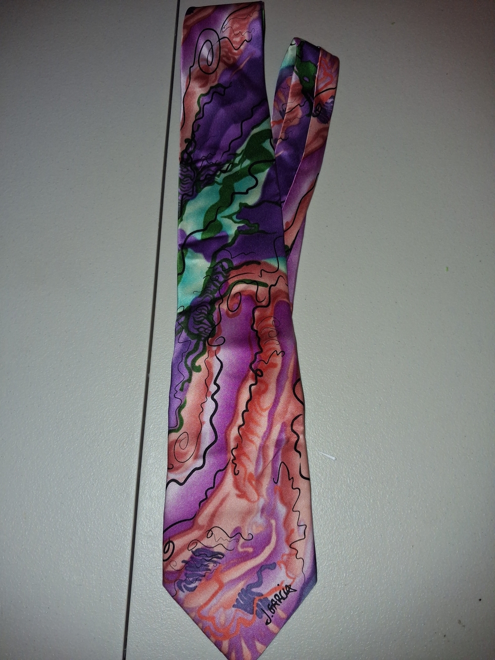 J. Garcia Purple Green Pink Watercolor Print Tie - Picture 2 of 3